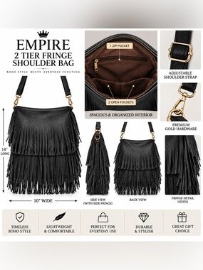 EMPIRE 2 TIER FRINGE SHOULDER BAG - BLACK (NEW WITH TAGS) A30